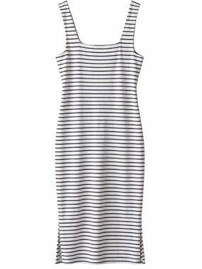 Rails Striped Midi Dress Square Neck Side Slits 100% Cotton Navy White Fitted L